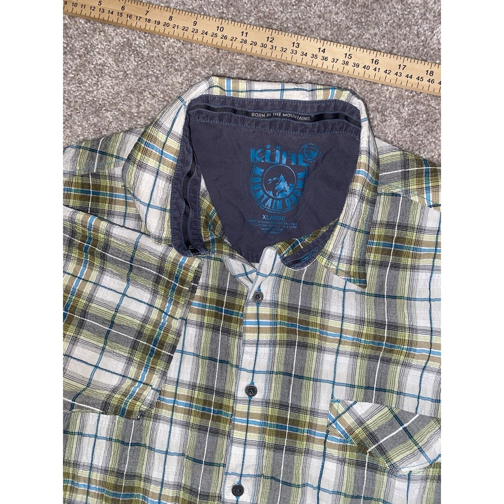 Kuhl Mountain Grown Shirt Seersucker Like Pattern Green Plaid Mens XL Outdoor